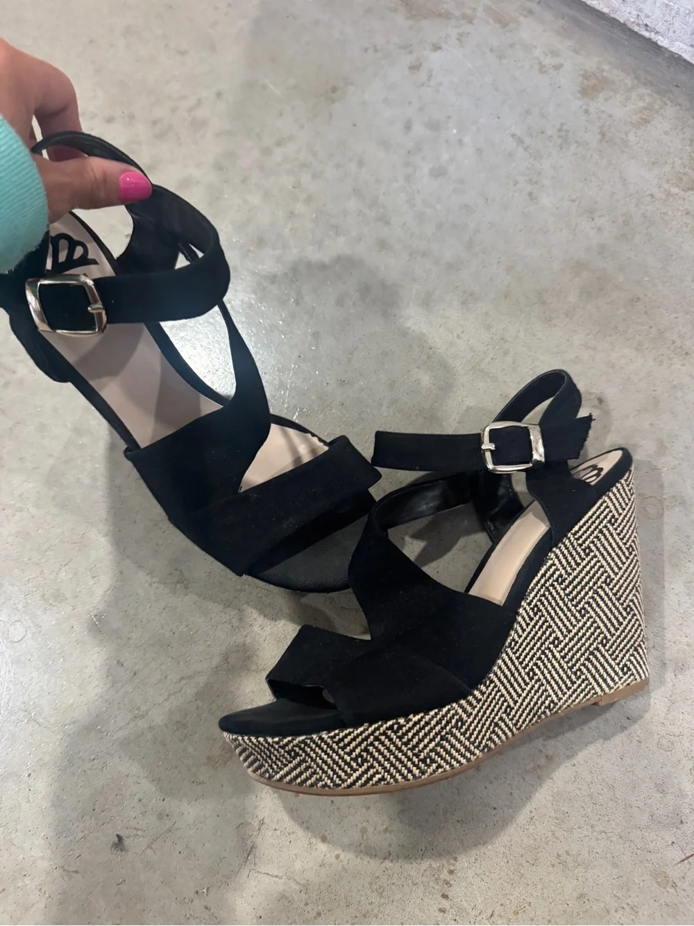 Black Wedge Sandals with Patterned Platform - Women's Ankle Strap